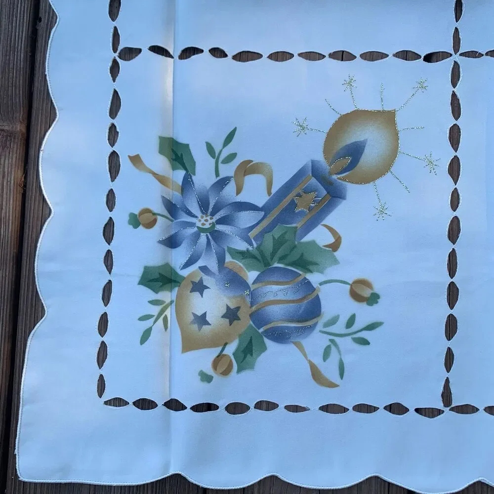 Vintage German Cream Square Christmas Candles Tablecloth Topper  33” X 33”